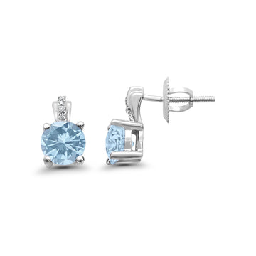 Stud Earrings Wedding Round Simulated Aquamarine CZ 925 Sterling Silver (9mm)